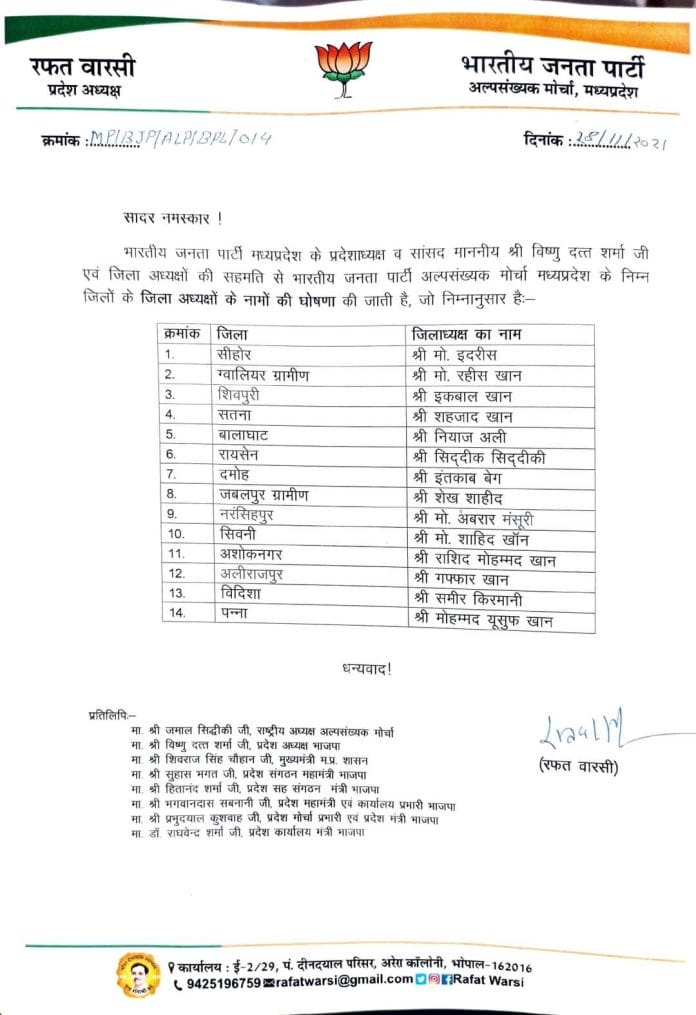 भारतीय जनता पार्टी अल्पसंख्यक मोर्चा के जिलाध्यक्ष के नामों की घोषणा, देखिए जारी सूची
