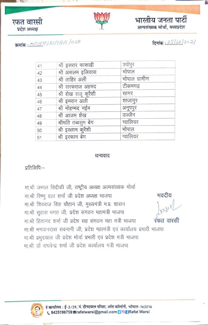 MP : BJP अल्पसंख्यक मोर्चा के प्रदेश कार्यकारिणी सदस्यों की घोषणा, यहां देखे पूरी लिस्ट