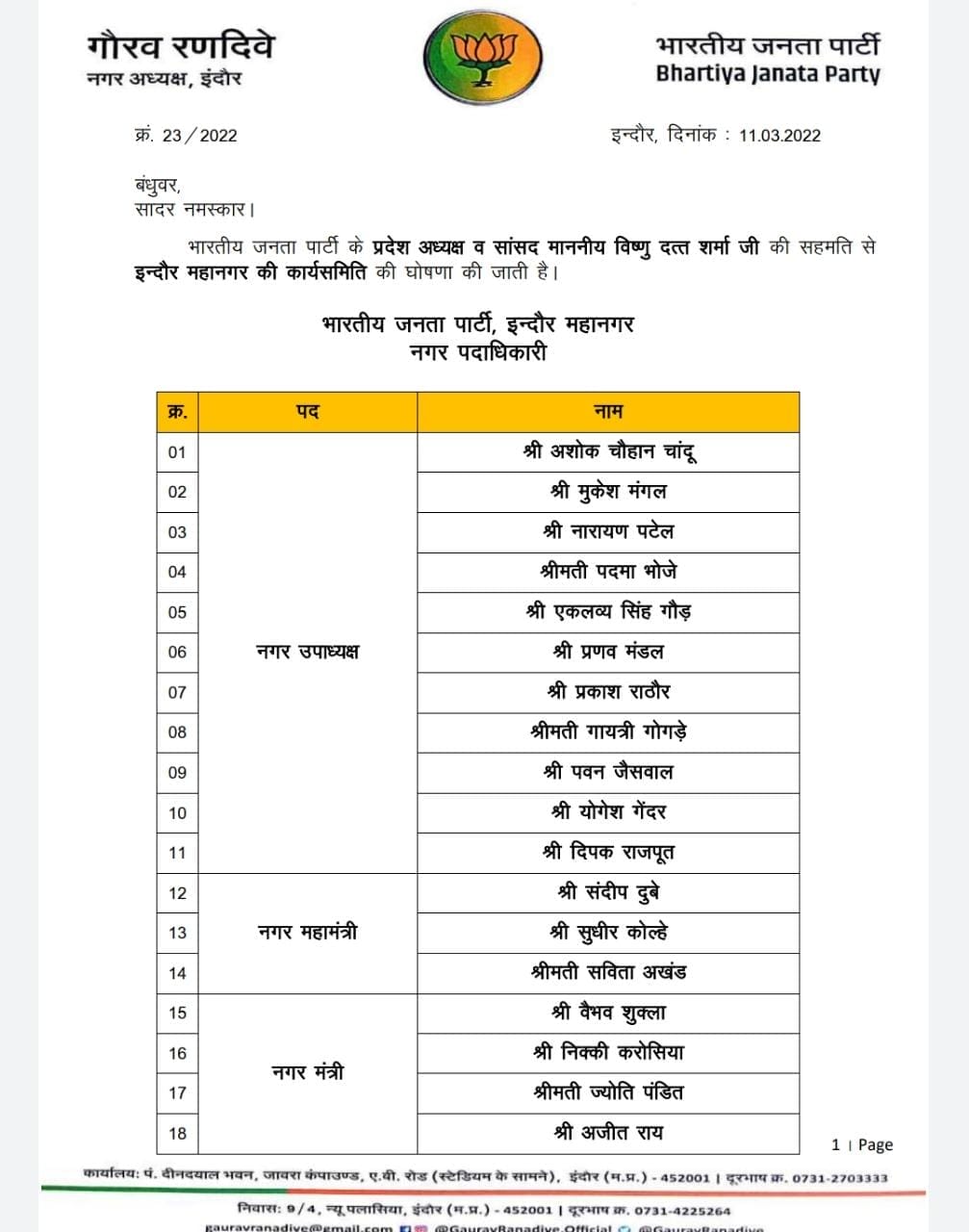 इंदौर भाजपा नगर कार्यकारिणी घोषित, देखिए किसे मिला मौका...