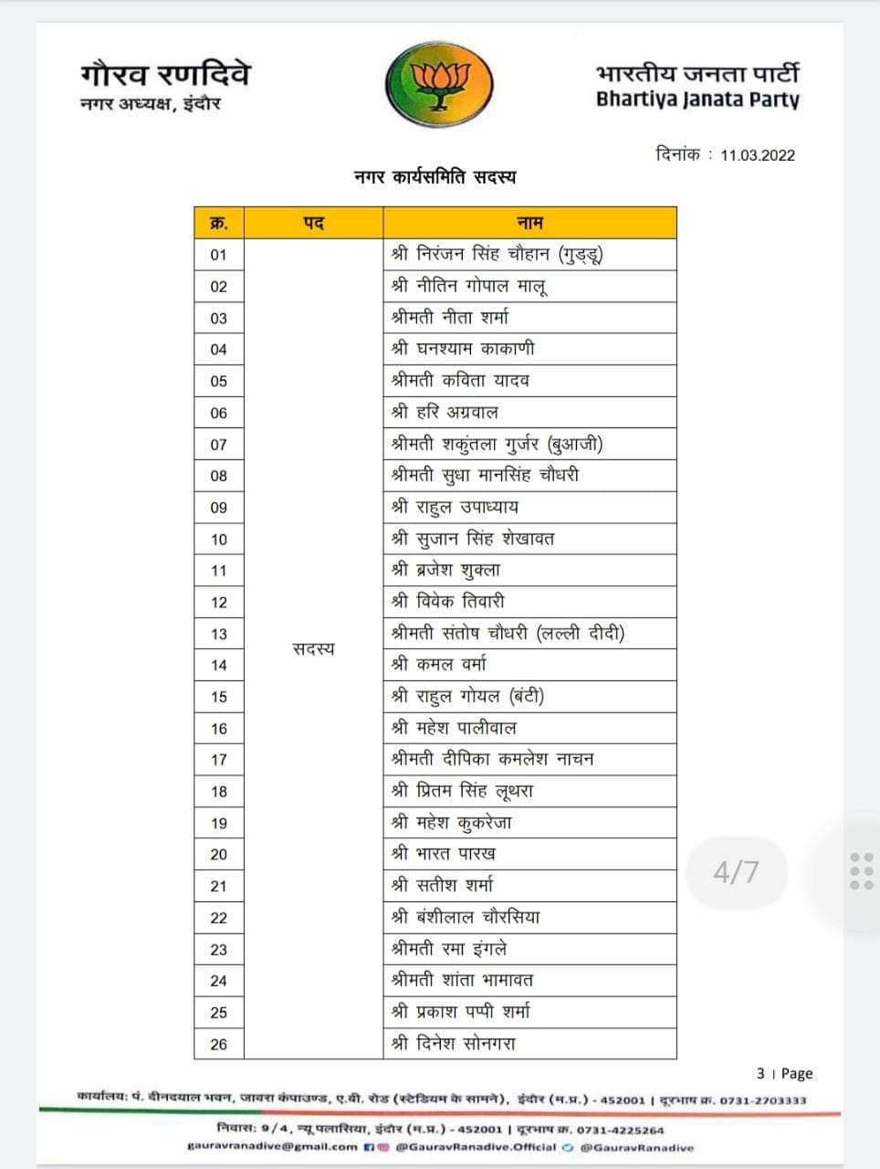 इंदौर भाजपा नगर कार्यकारिणी घोषित, देखिए किसे मिला मौका...