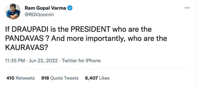 राष्ट्रपति उम्मीदवार द्रौपदी मुर्मू को लेकर फिल्म डायरेक्टर राम गोपाल वर्मा ने किया विवादित ट्वीट