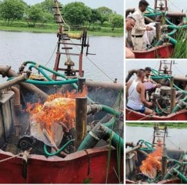 धमना रेत घाट पर सरसई पुलिस और माइनिंग की सयुंक्त कार्रवाई, अवैध रेत उत्खन्न कर रही पनडुब्बी को जलाकर किया नष्ट