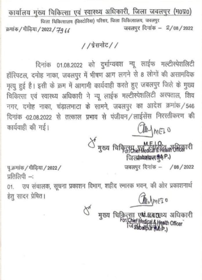 जबलपुर : न्यू लाइफ मल्टी स्पेशलिटी अस्पताल का लाइसेंस और पंजीयन रद्द