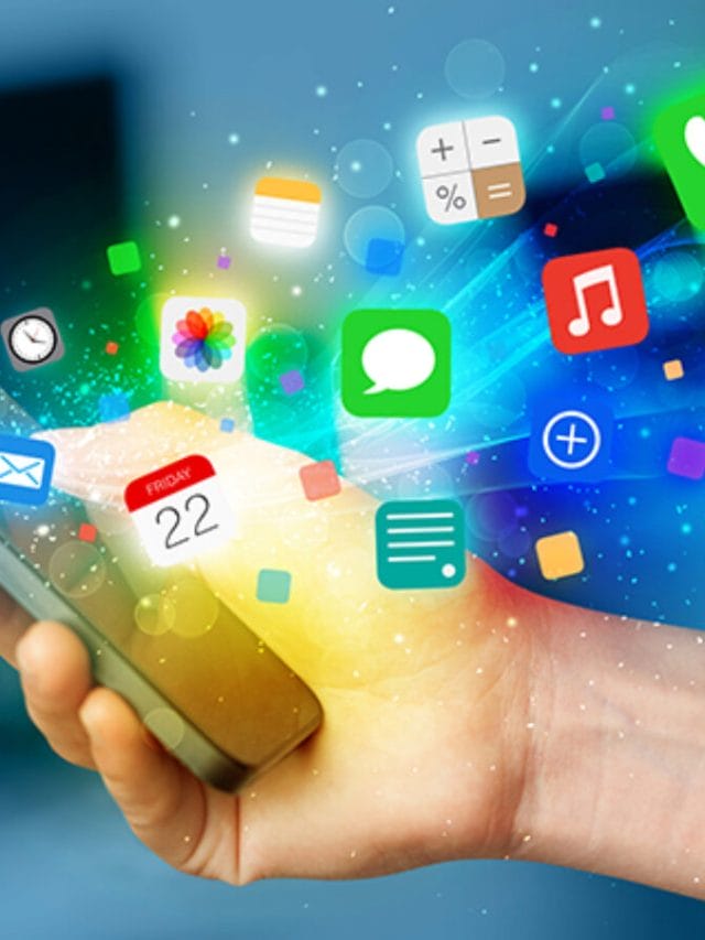 Hand holding smartphone with colorful app icons
