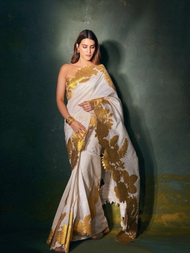 व्हाइट-गोल्डन साड़ी पहनकर कृति सेनन ने धड़काया फैंस का दिल, देखें