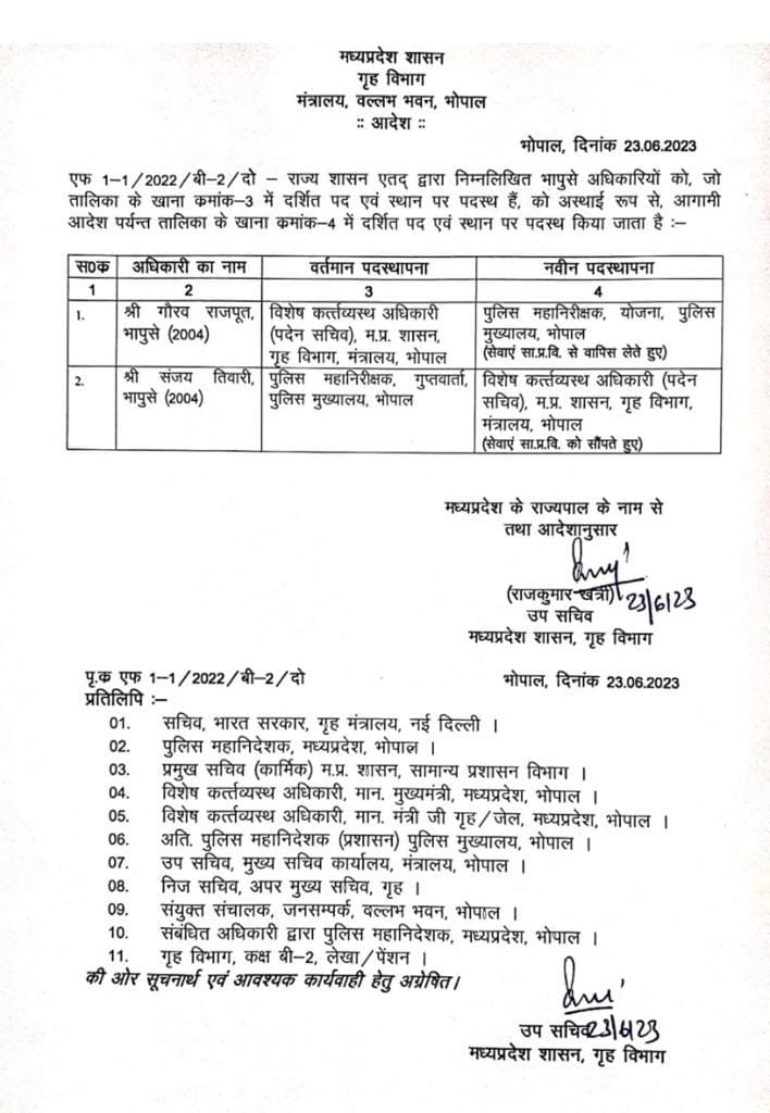 IPS Transfer : मप्र शासन ने दो आईपीएस अधिकारियों की पदस्थापना में किया फेरबदल