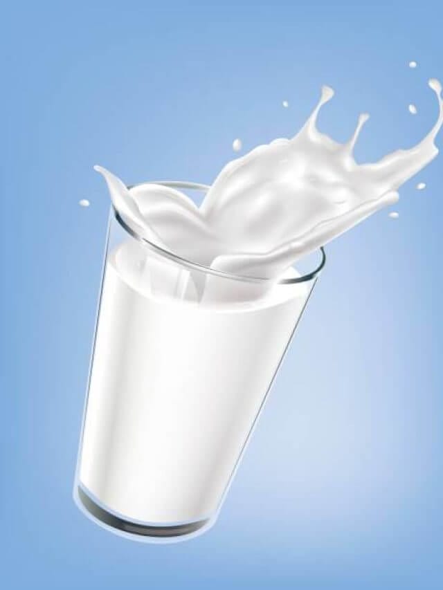 Milk splash in a glass on blue background. Vector 3d illustration.