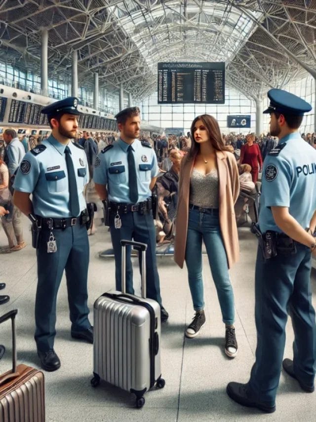 DALL·E 2025-01-14 09.49.59 - A realistic scene at an airport where security police are detaining a husband and wife. The modern airport terminal has glass walls, bustling crowds,