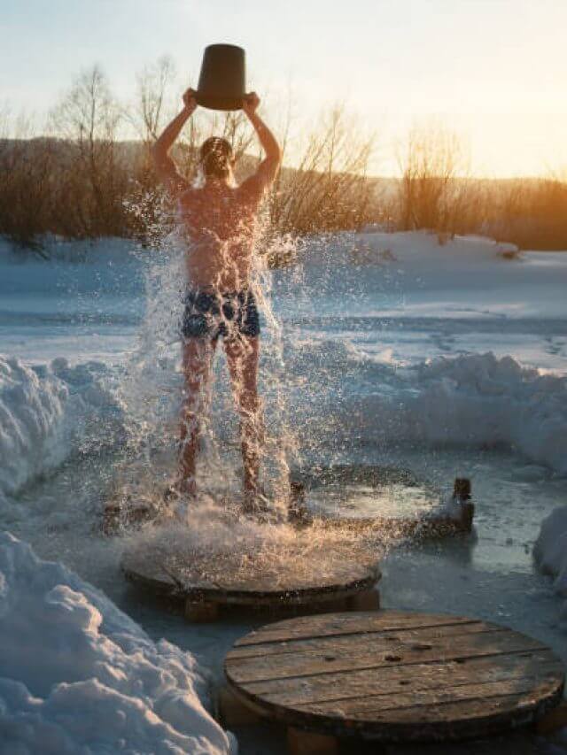 ice bucket shower. winter swimming.