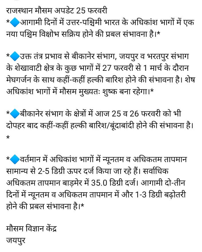 Rajasthan Weather Rajasthan Weather : राज्य में फिर बारिश बिजली और आंधी का अलर्ट, मौसम विभाग की चेतावनी जारी, जानें अपने शहर का हाल