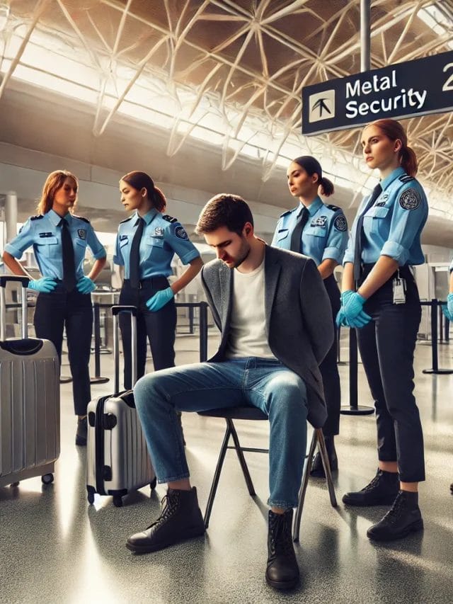 DALL·E 2025-02-28 08.48.50 - A man sitting on a chair, arrested at airport security, while multiple women stand with security officers around him. The women appear to be part of t