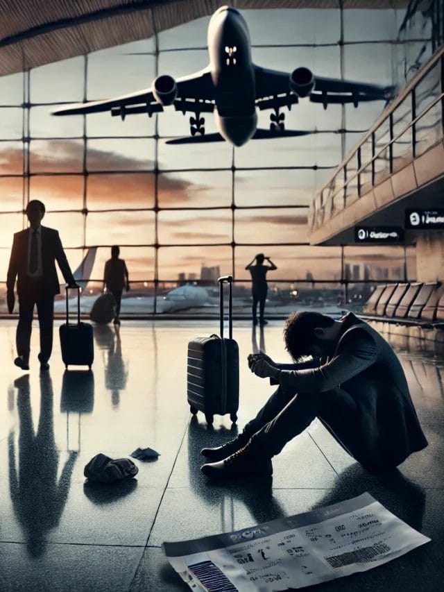 DALL·E 2025-03-14 12.10.30 - A dramatic and emotional scene at an airport where a traveler sits on the floor, devastated, after missing their flight. A torn ticket lies beside the