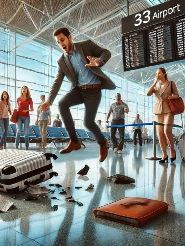 DALL·E 2025-03-07 08.17.23 - An airport scene where a traveler slips and falls, causing their luggage to scatter across the floor. Other passengers look surprised while airport st
