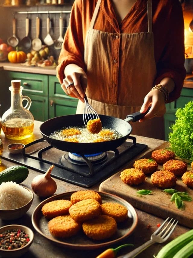 DALL·E 2025-03-26 14.23.15 - A vibrant kitchen scene where a person is creatively reusing leftover rice to prepare delicious snacks. The countertop is filled with ingredients like