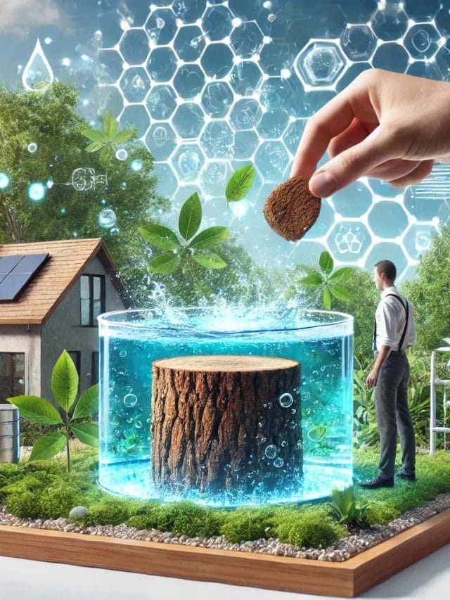 DALL·E 2025-03-26 11.34.13 - A futuristic yet natural scene showcasing a large water tank being purified using Jamun wood. A person places a piece of Jamun wood into the water, wh