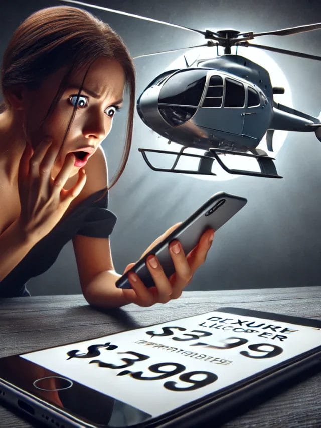 DALL·E 2025-03-27 13.10.08 - A dramatic scene where a woman looks at her phone in shock after searching for the price of a helicopter. In the background, a large luxury helicopter