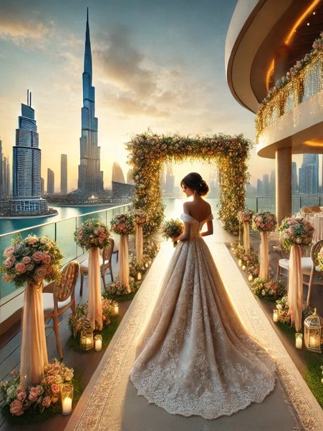DALL·E 2025-03-15 09.31.31 - A stunning scene of a bride standing on a luxurious terrace overlooking the Dubai skyline, with the Burj Khalifa in the background. She is dressed in