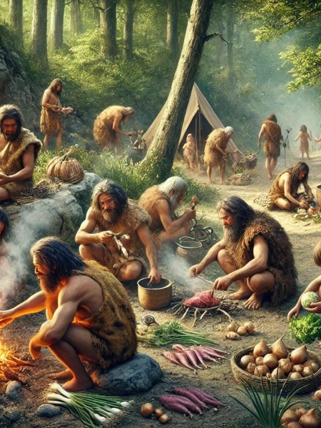 DALL·E 2025-03-10 13.28.43 - A prehistoric scene depicting primitive humans in a natural setting. Some early humans are seen gathering and eating onions and potatoes, while others