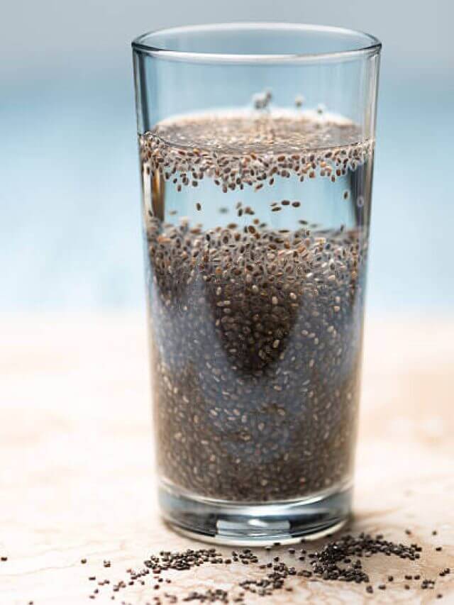 close up of a glass of chia seeds soaked in water (chia fresca)