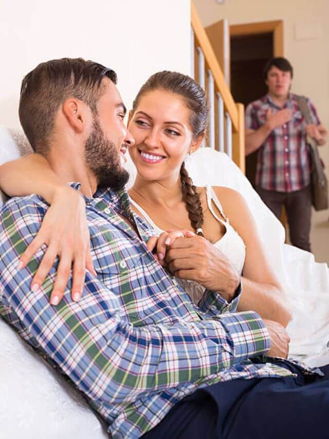 Young adult discovering his cheating attractive young wife at home