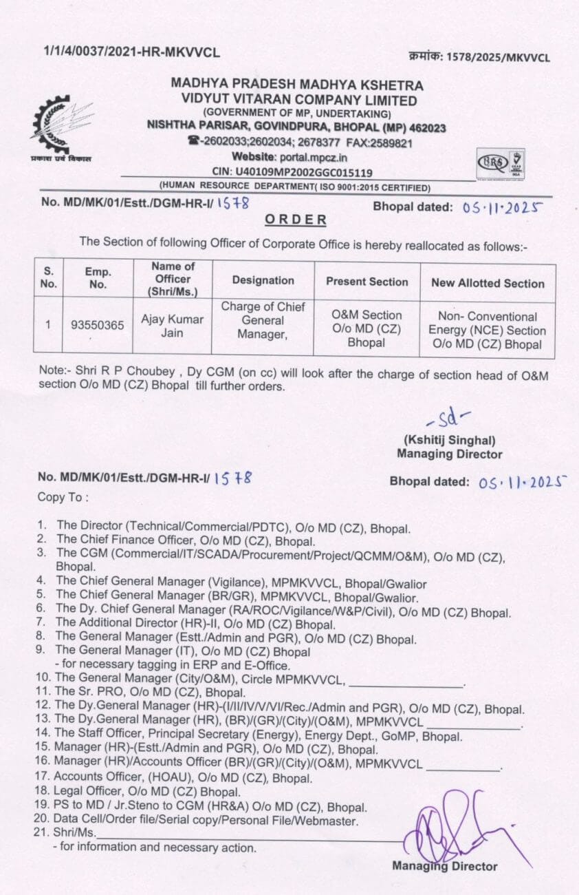 Electricity Company सीएम डॉ मोहन यादव के निर्देश पर बिजली कंपनी का विवादित आदेश निरस्त, 2020 का आदेश भी वापस, CGM का ट्रांसफर